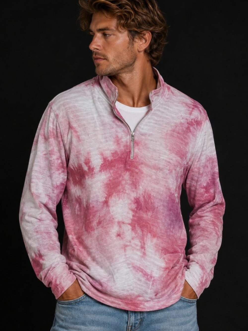 Orvis Red Cotton Tie Dyed Stripe Dye Size Large Long Sleeve Pullover Henley zip